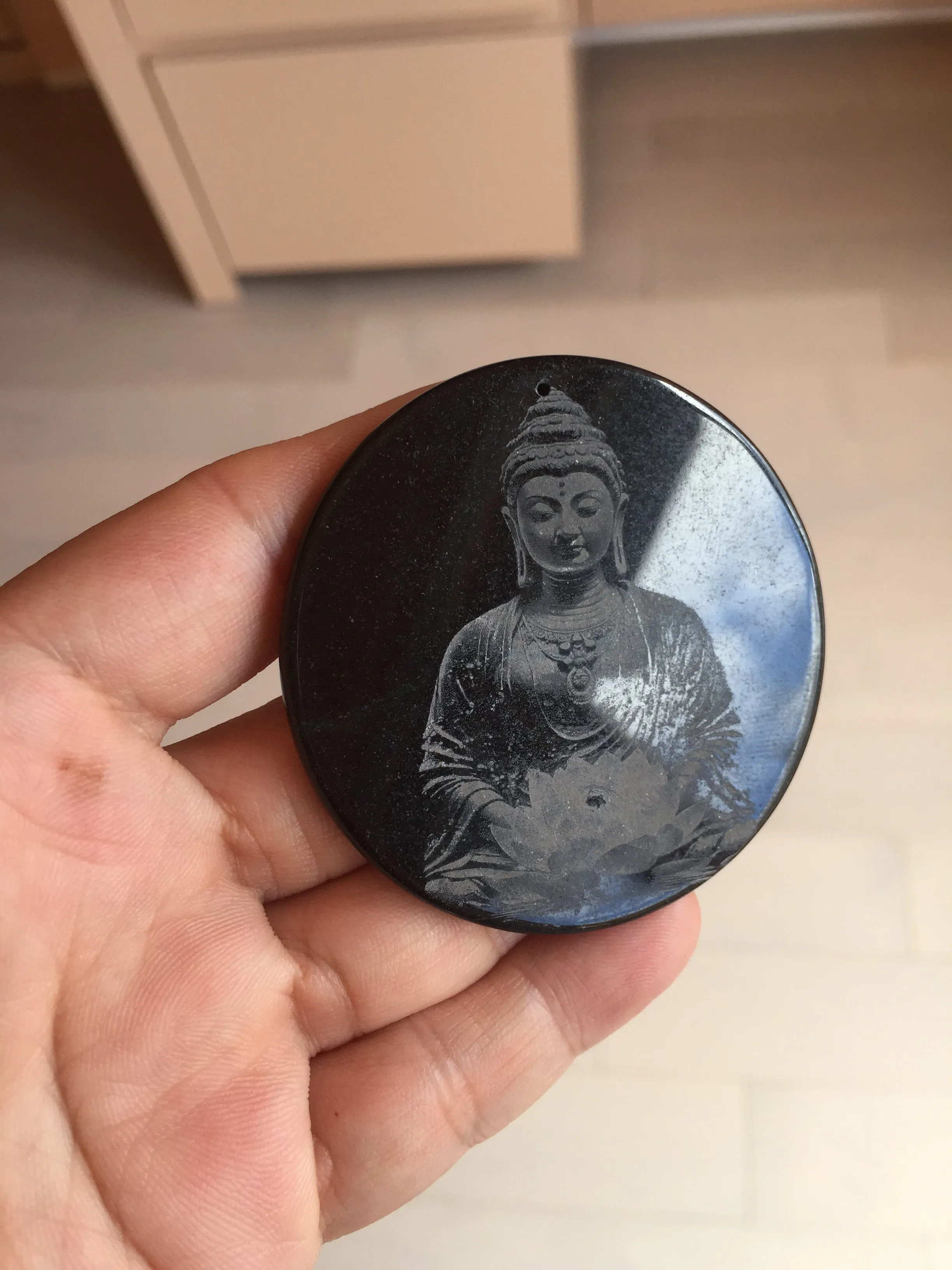 100% natural black jadeite jade(Wuji, 乌鸡)  Guanyin (观音) safe and sound pendant/worry stone/decor BM38