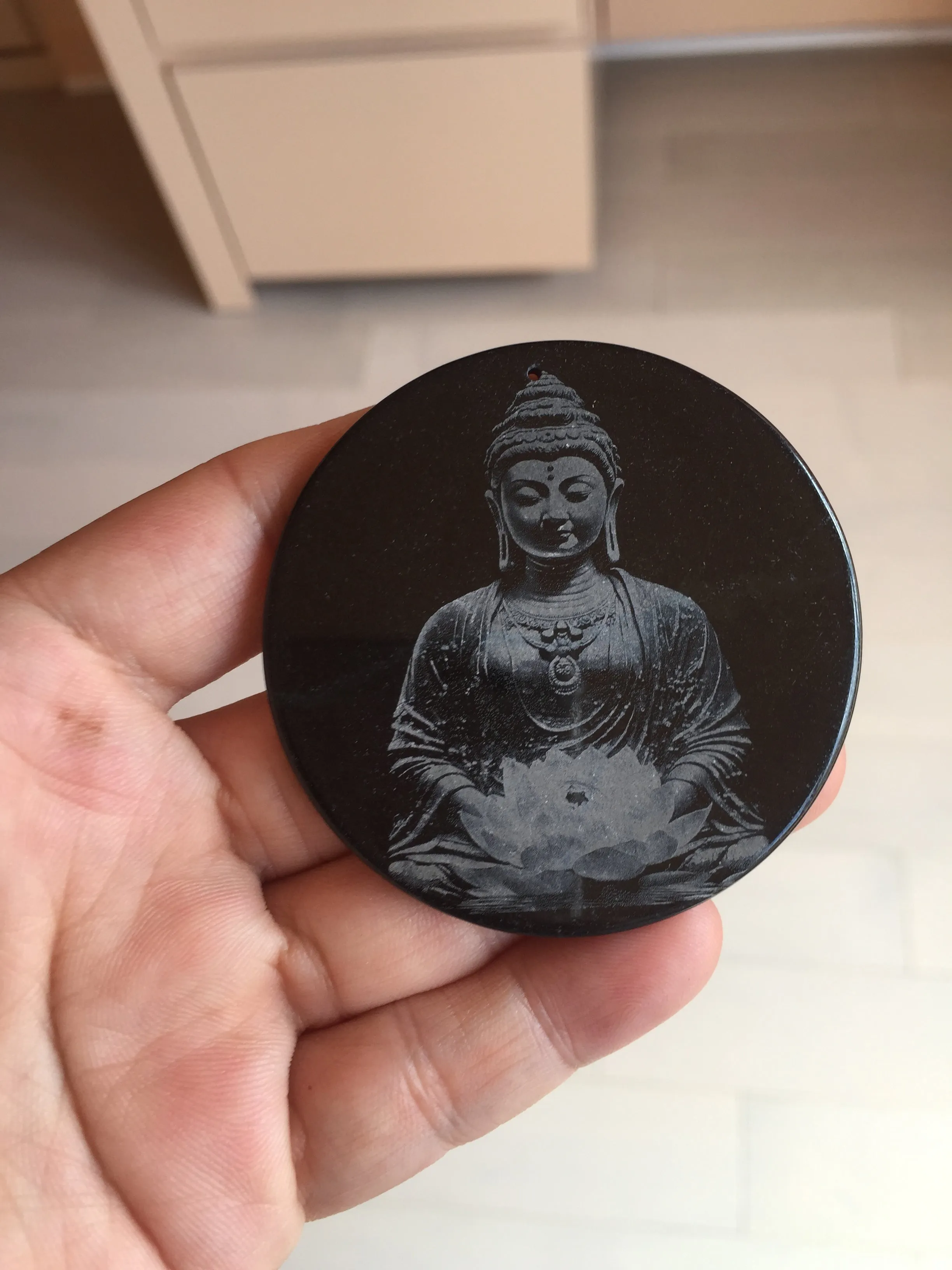 100% natural black jadeite jade(Wuji, 乌鸡)  Guanyin (观音) safe and sound pendant/worry stone/decor BM38