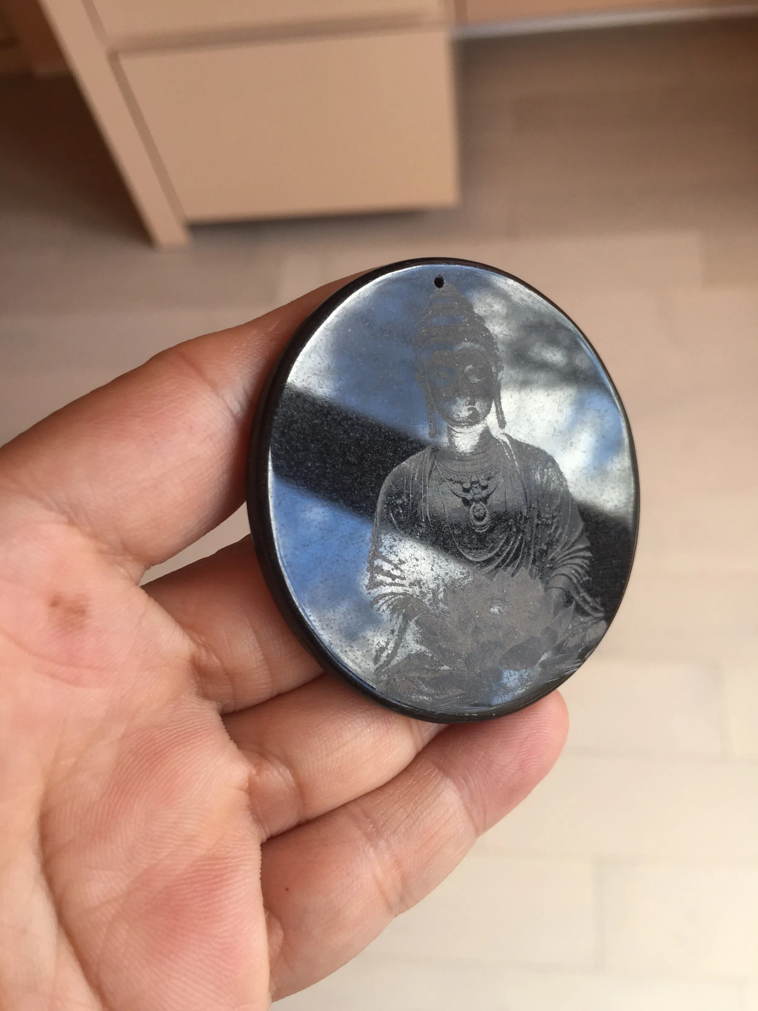 100% natural black jadeite jade(Wuji, 乌鸡)  Guanyin (观音) safe and sound pendant/worry stone/decor BM38