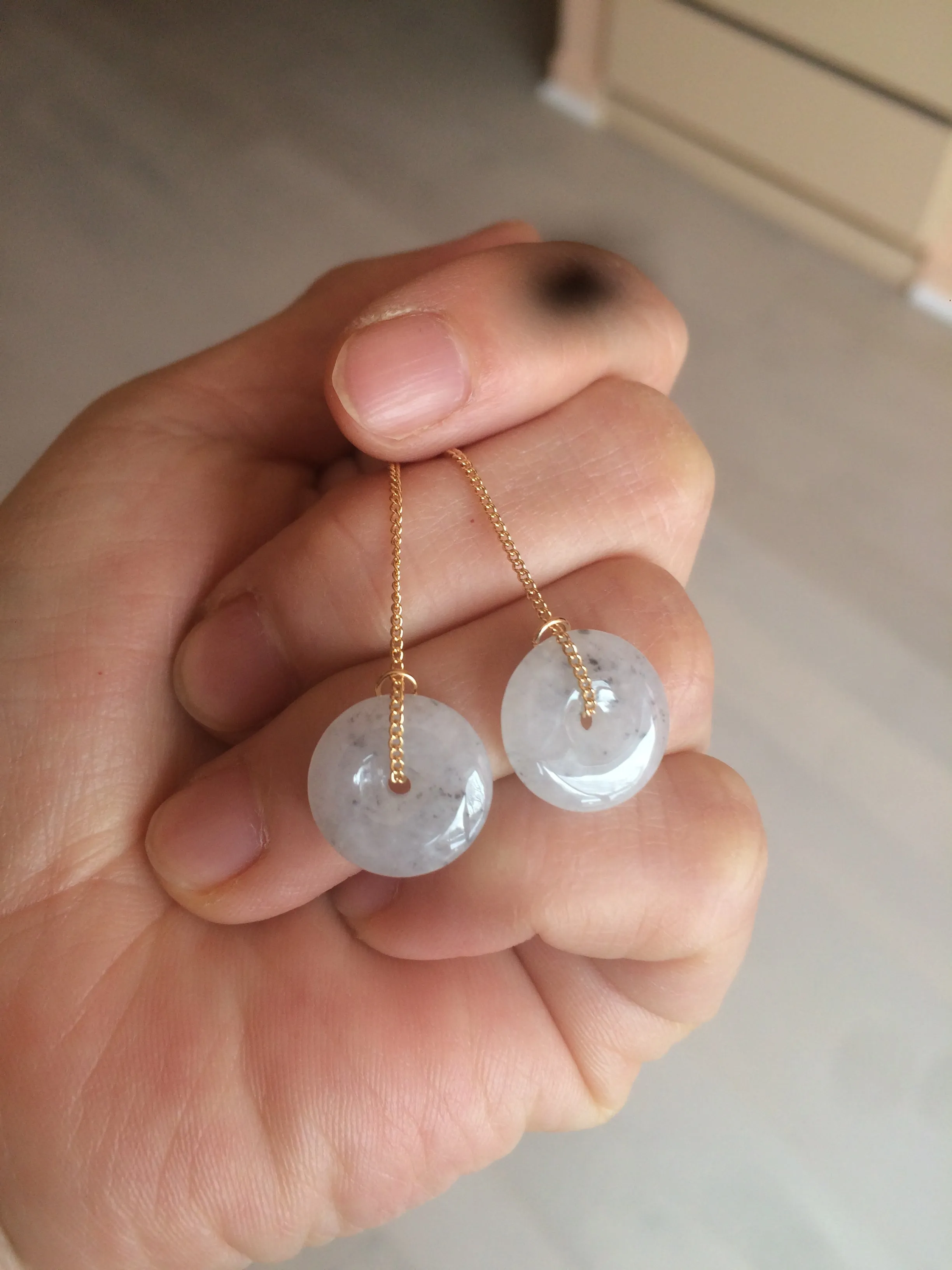 100% Natural icy watery white/black (冰乌鸡) safety guardian donut dangling jadeite Jade earring D81