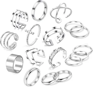 17PCS Knuckle Rings for Women Stainless Steel Rings Set Stackable Finger Rings Silver Knuckle Rings for Women Stackable Rings Sets Adjustable Knuckle Stackable Rings Midi Ring Set for Women