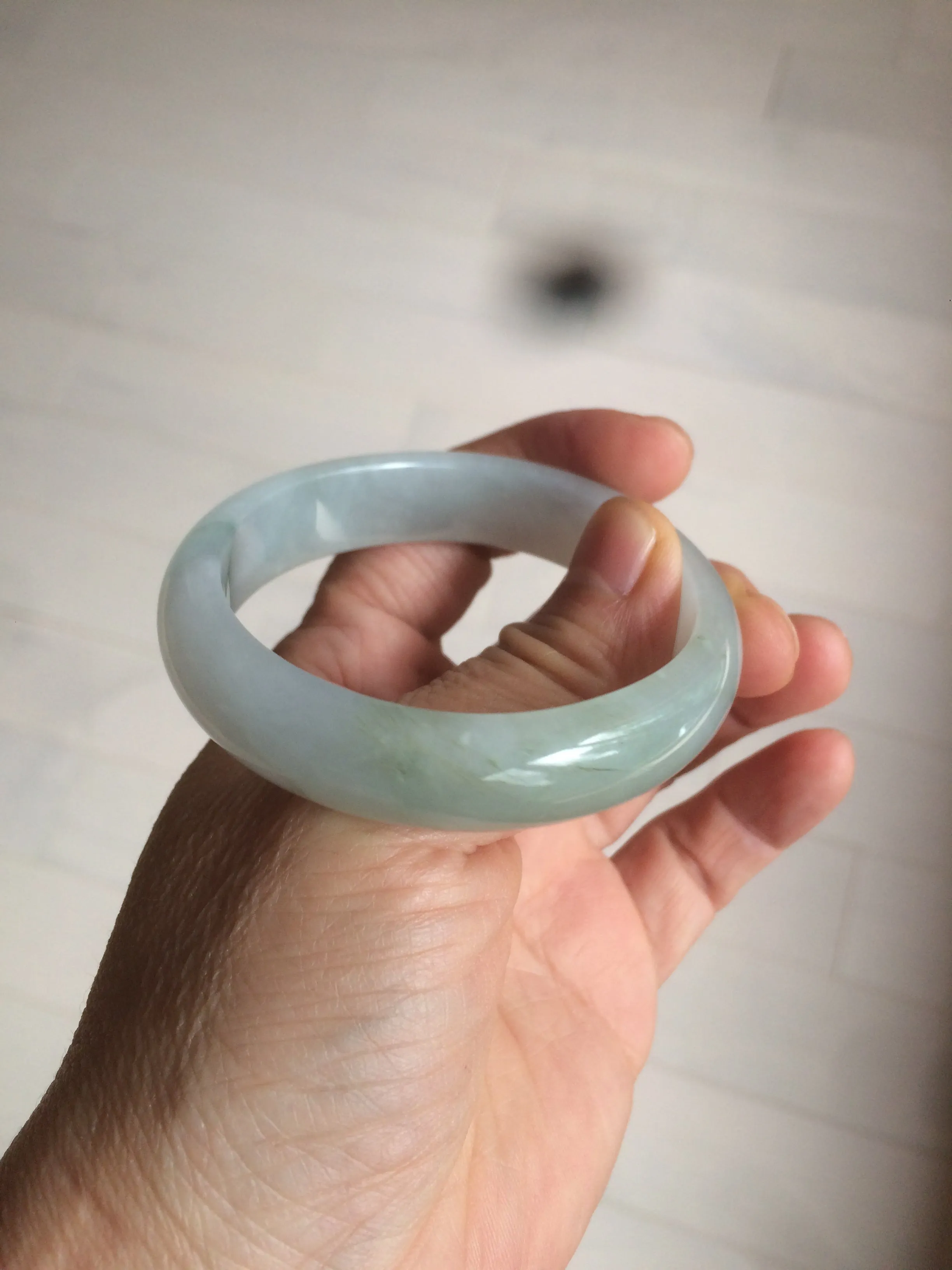49mm Certified Type A 100% Natural light green white oval Jadeite Jade bangle AX56-0365