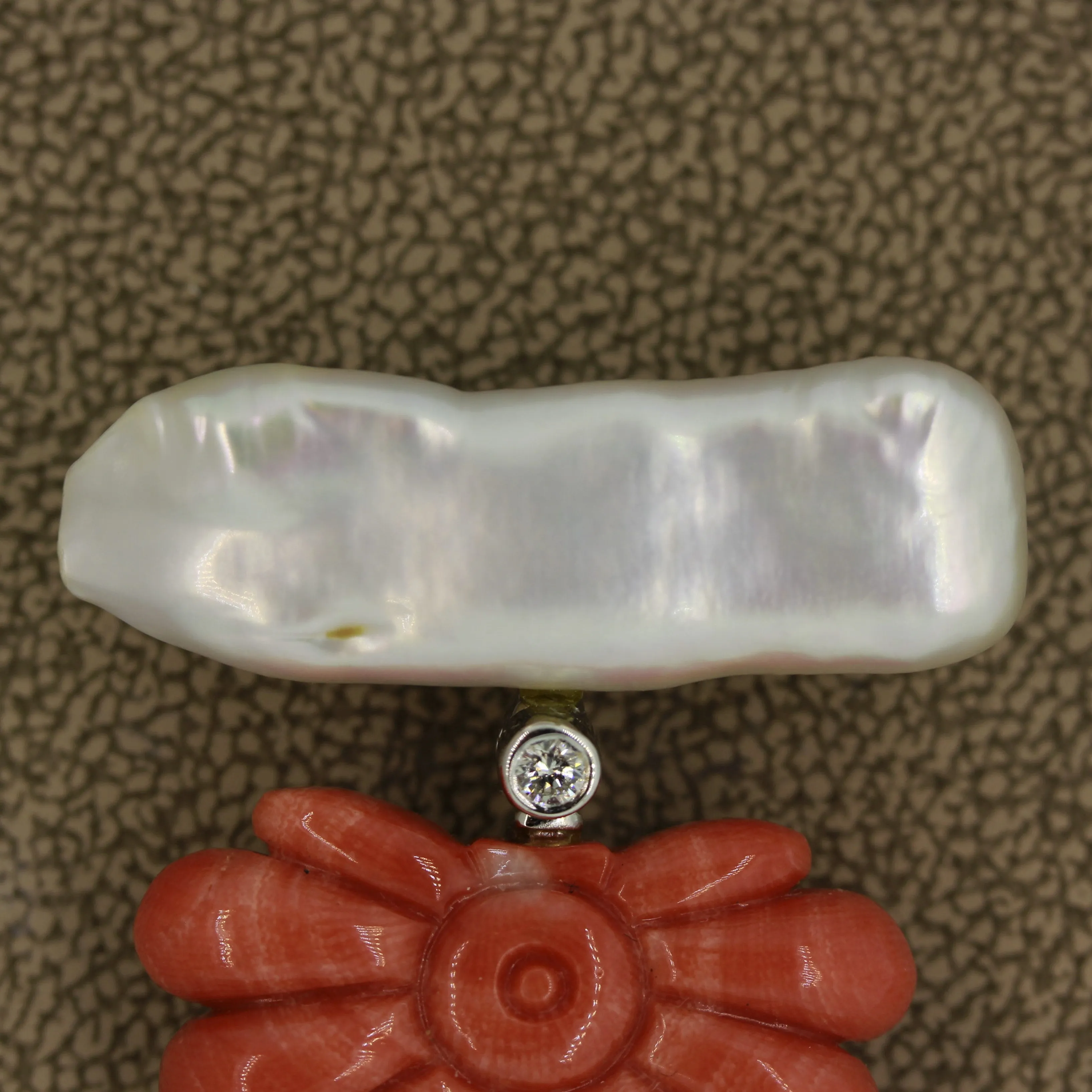 Coral Pearl Jadeite Jade Diamond Gold Drop Brooch