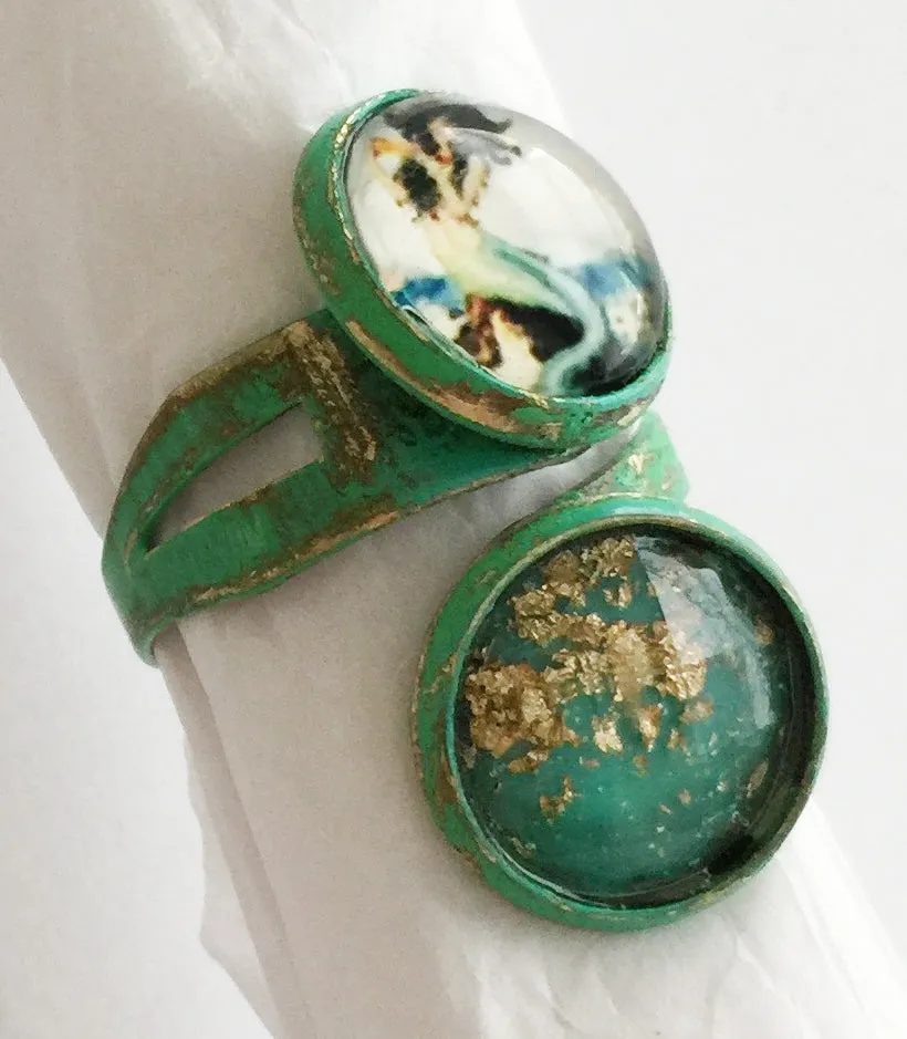 Glass Mermaid Cabochon Adjustable Wrap Ring v2