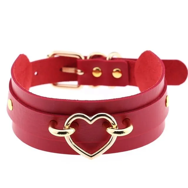 Leather Choker Heart Hoop Bondage Collar