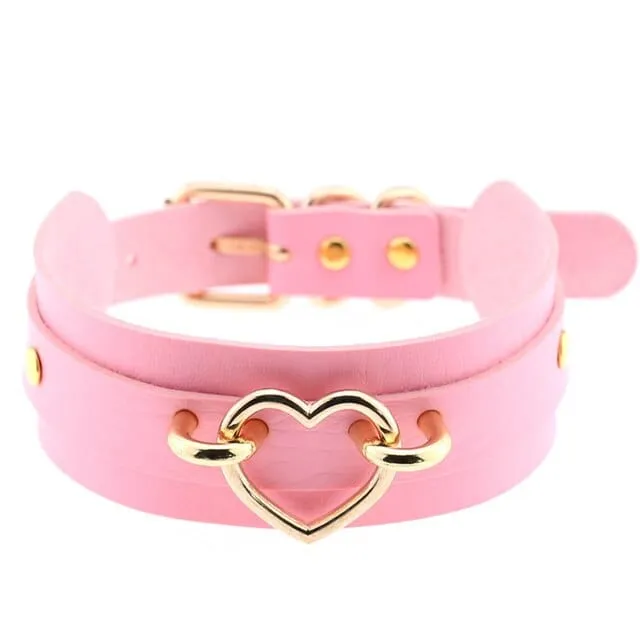 Leather Choker Heart Hoop Bondage Collar