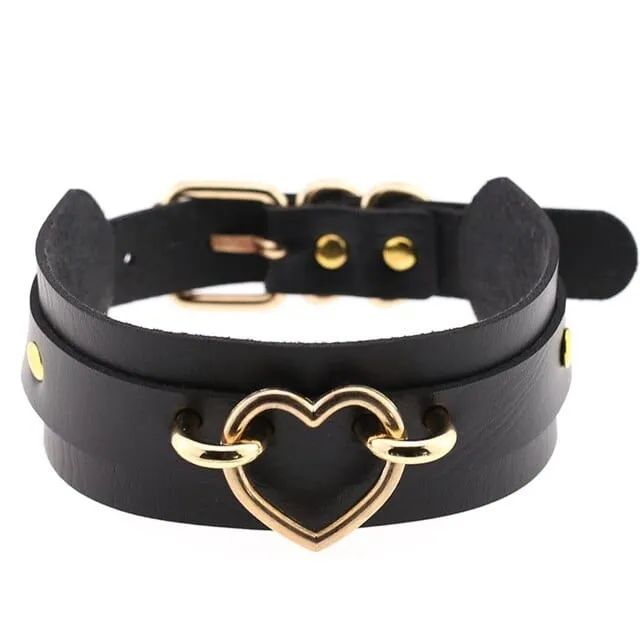 Leather Choker Heart Hoop Bondage Collar