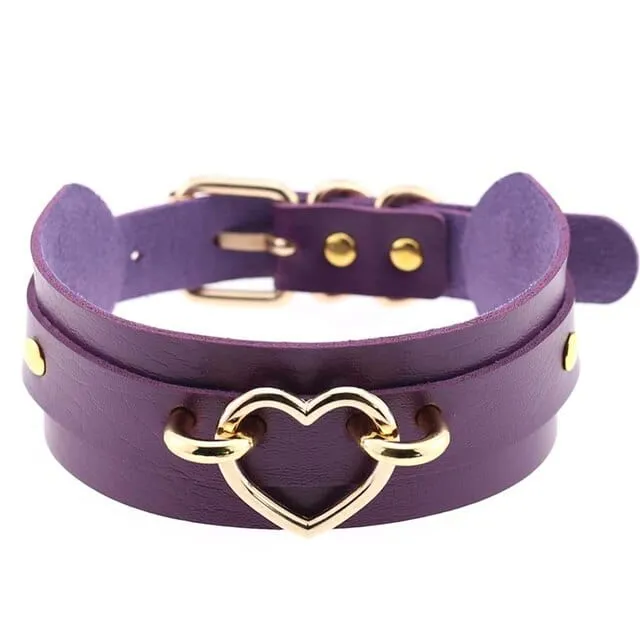 Leather Choker Heart Hoop Bondage Collar
