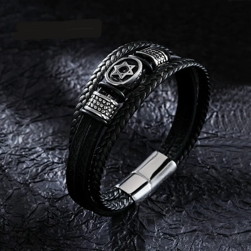 Magen Star of David Multilayer Leather Bracelet