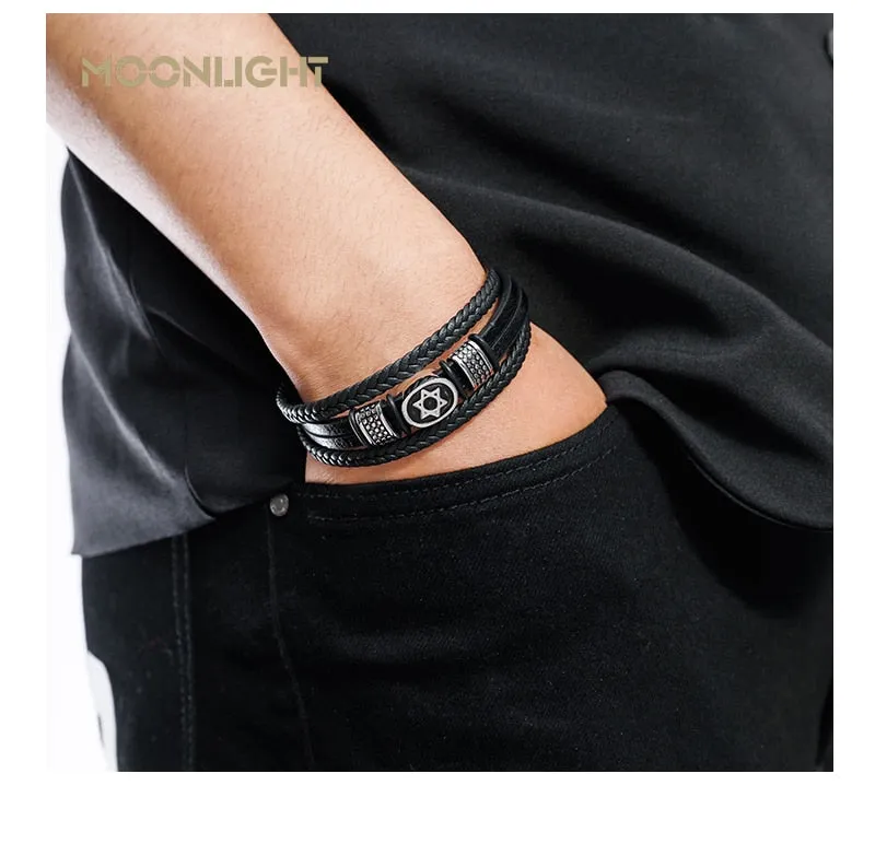 Magen Star of David Multilayer Leather Bracelet