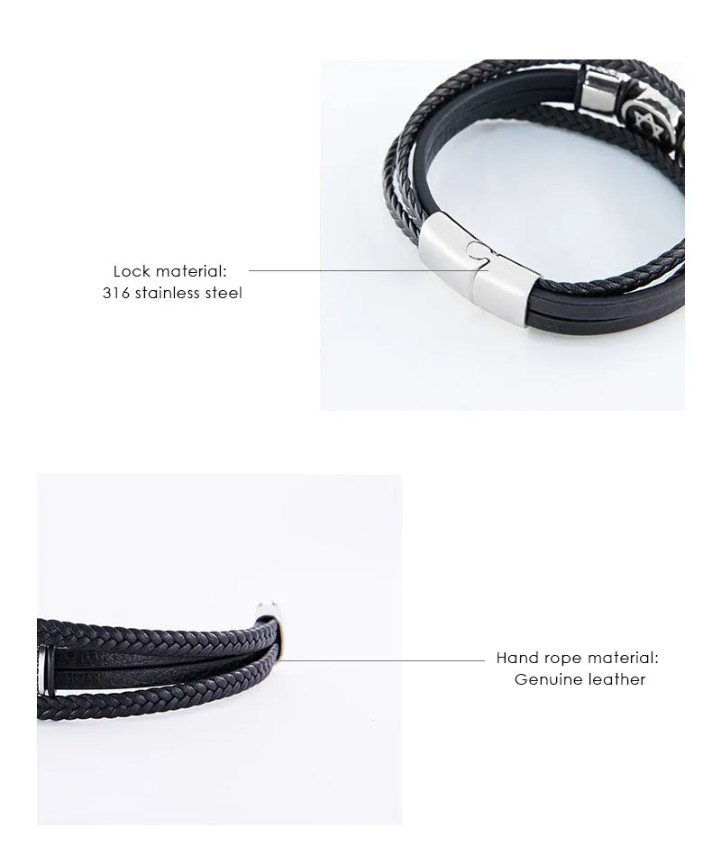 Magen Star of David Multilayer Leather Bracelet