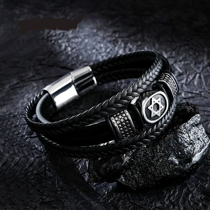 Magen Star of David Multilayer Leather Bracelet