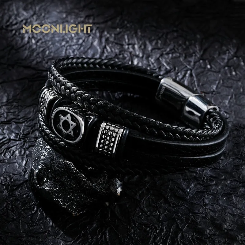 Magen Star of David Multilayer Leather Bracelet