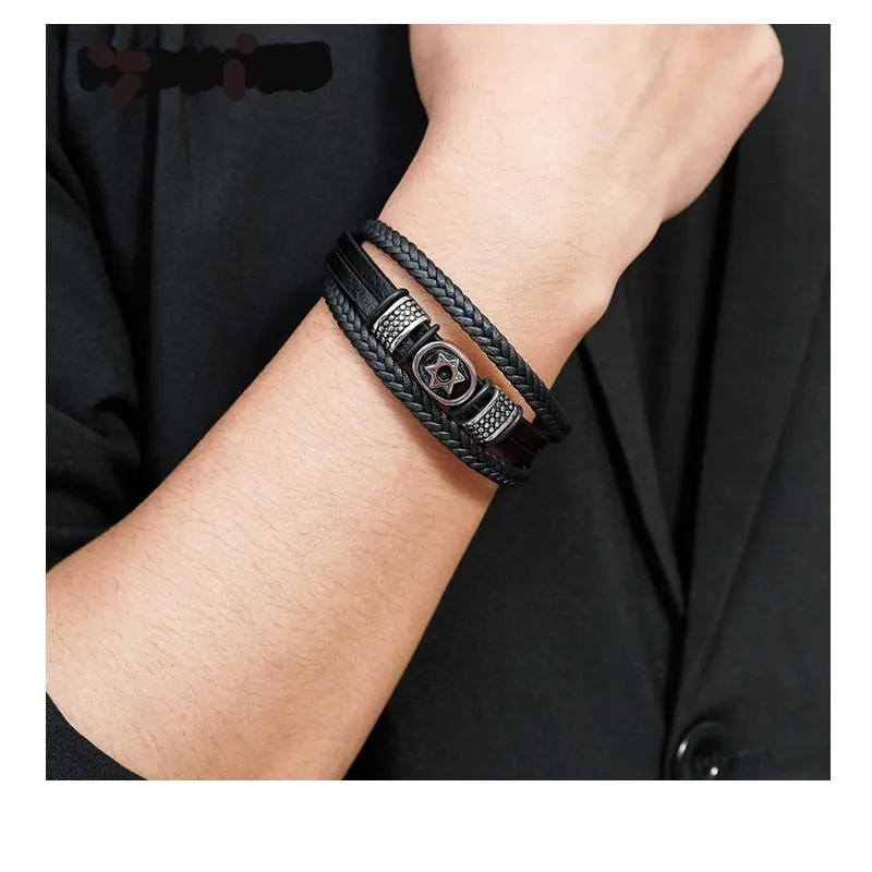 Magen Star of David Multilayer Leather Bracelet