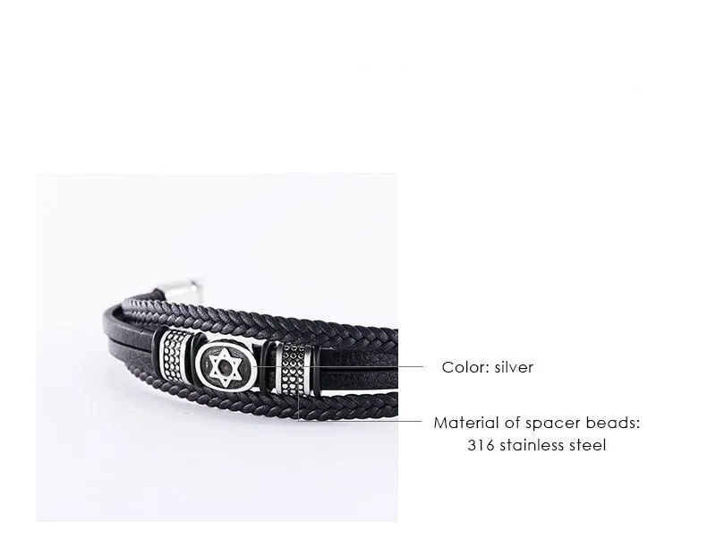Magen Star of David Multilayer Leather Bracelet