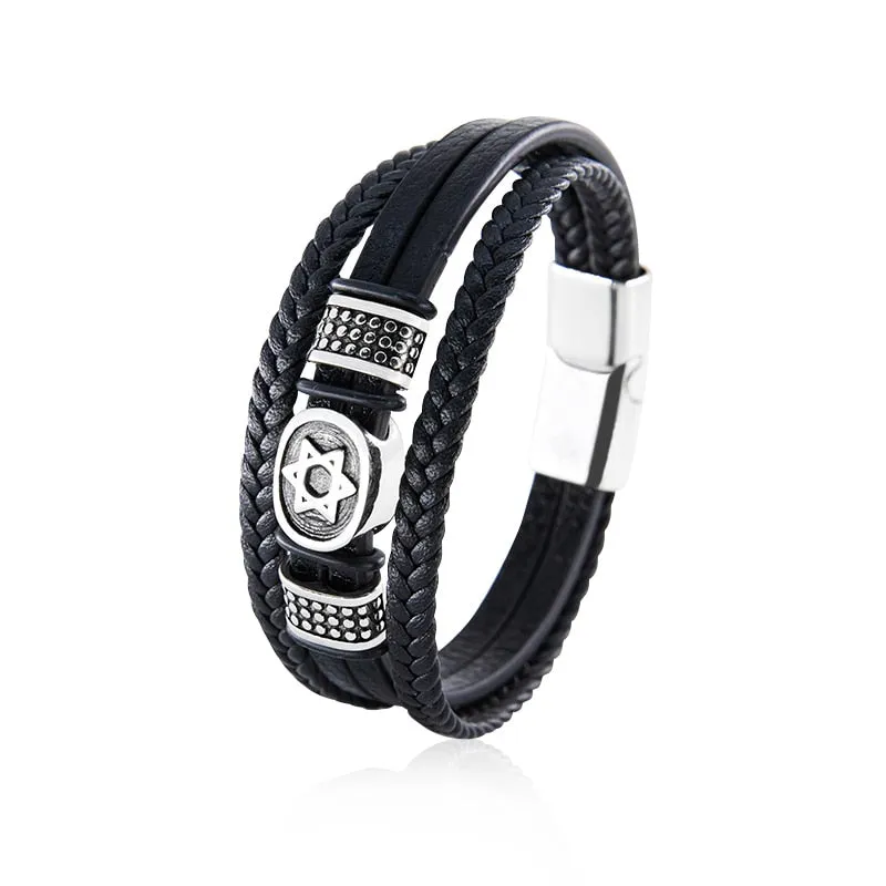 Magen Star of David Multilayer Leather Bracelet