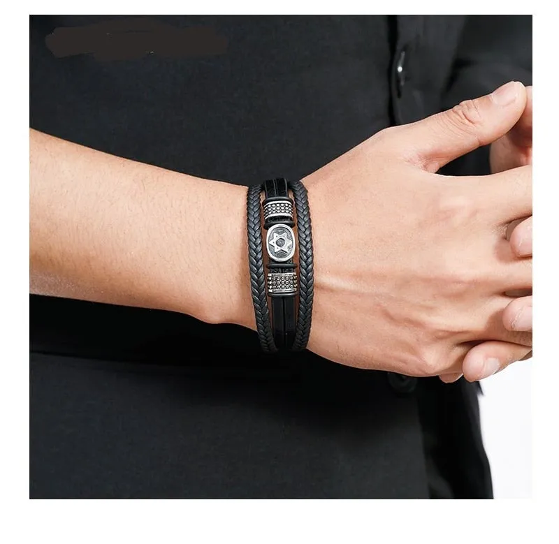 Magen Star of David Multilayer Leather Bracelet