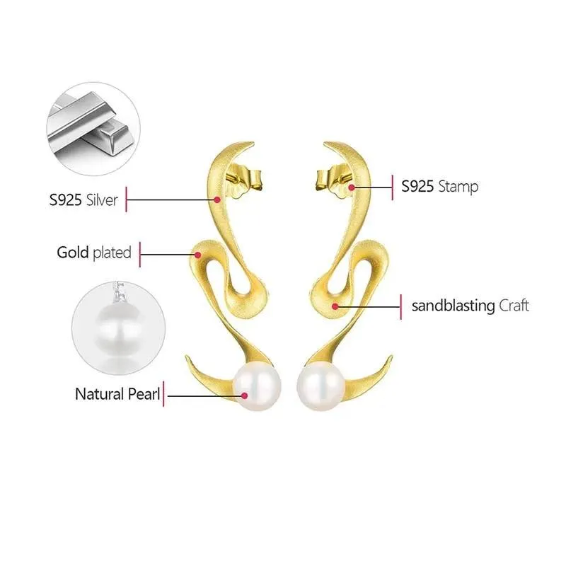 Pearl Minimalism: LFJA0118 Spiral Curved Stud Earrings in 925 Sterling Silver, Charm Jewelry