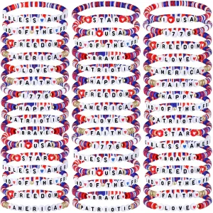 Remuuly 96 Pcs 4th of July Bracelets Bulk Independence Day Clay Bead Bracelets Memorial Day Patriotic Friendship Red White and Blue Stretch