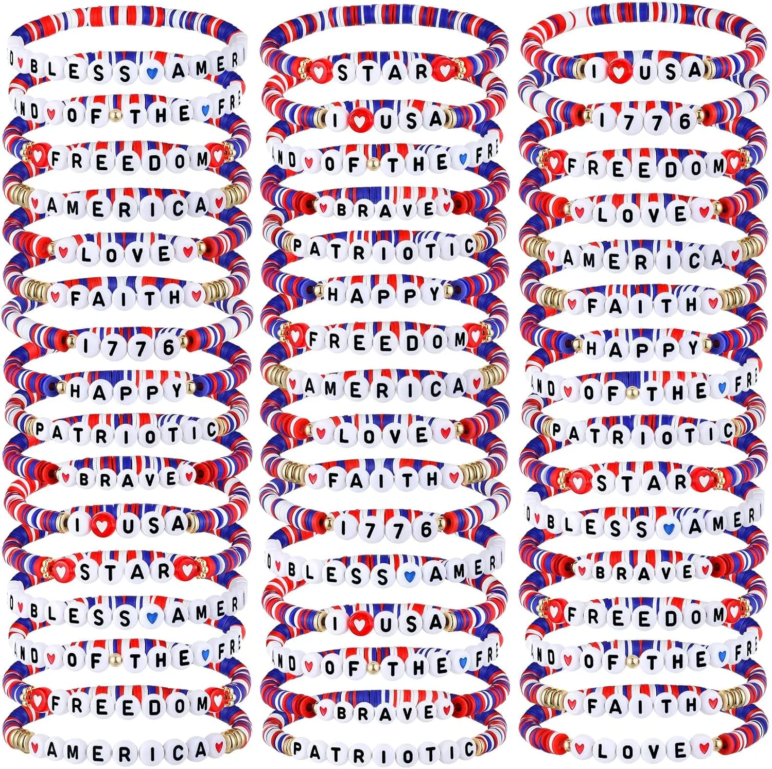 Remuuly 96 Pcs 4th of July Bracelets Bulk Independence Day Clay Bead Bracelets Memorial Day Patriotic Friendship Red White and Blue Stretch