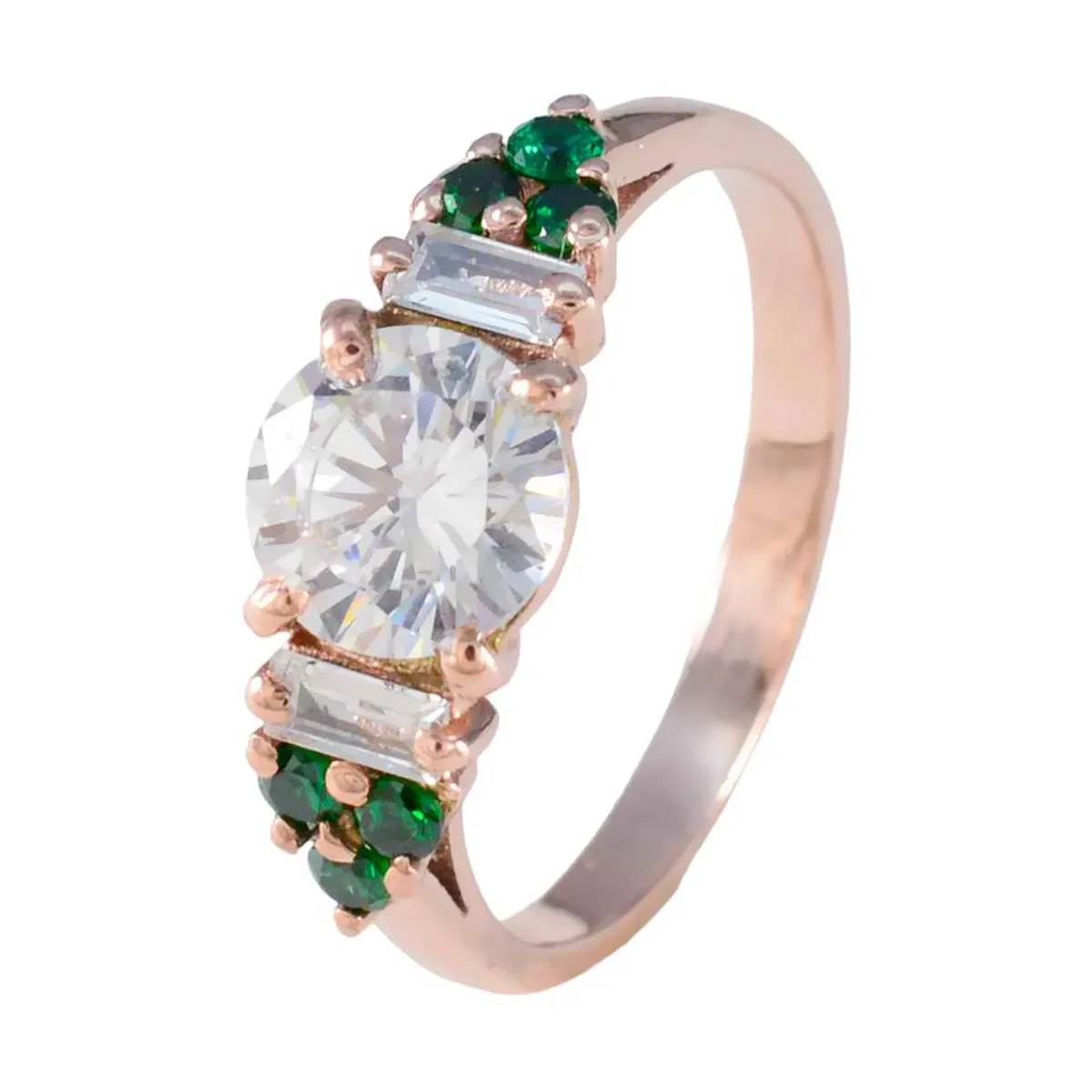 Riyo Dazzling Silver Ring With Rose Gold Plating Emerald CZ Stone Round Shape Prong Setting  Jewelry New Year Ring