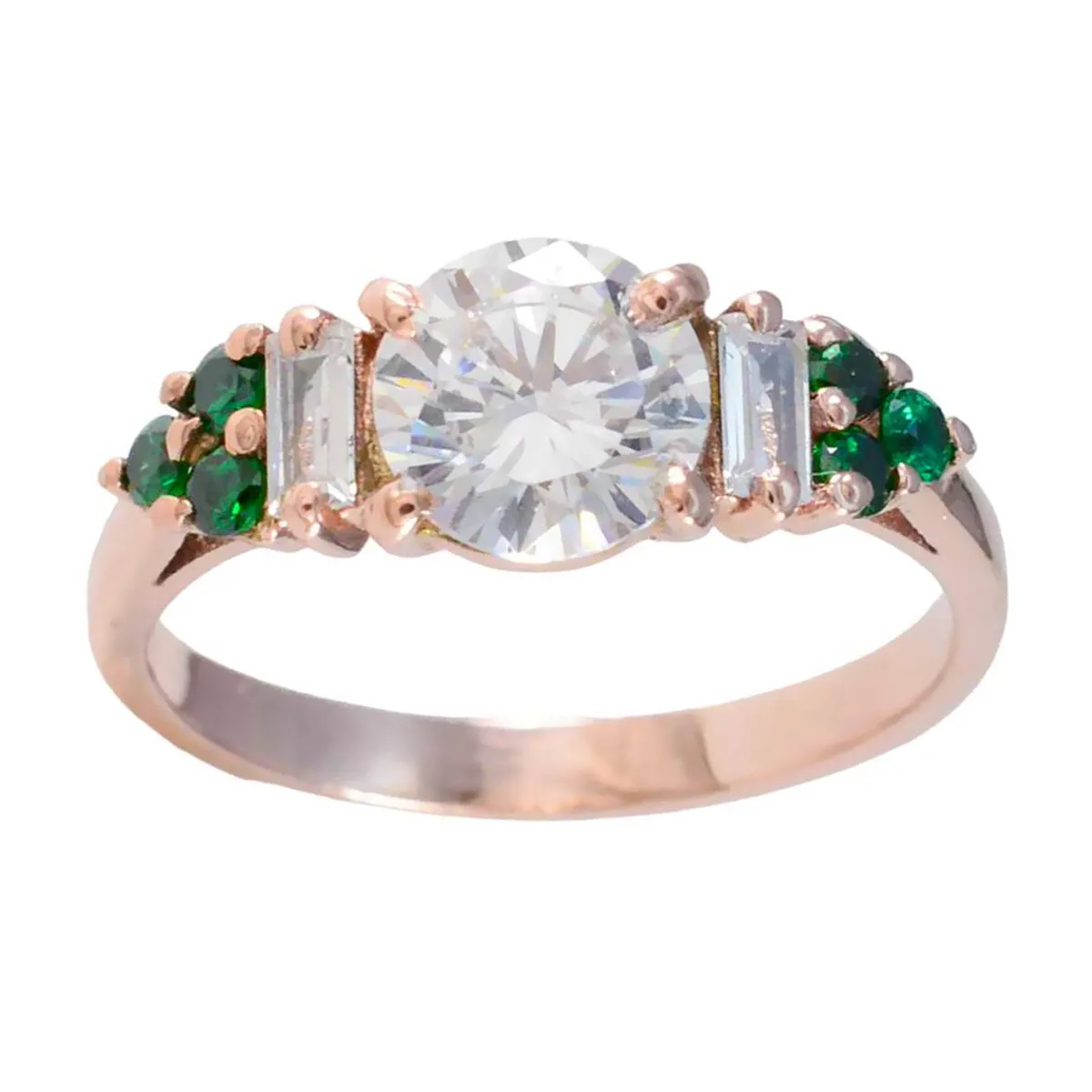 Riyo Dazzling Silver Ring With Rose Gold Plating Emerald CZ Stone Round Shape Prong Setting  Jewelry New Year Ring