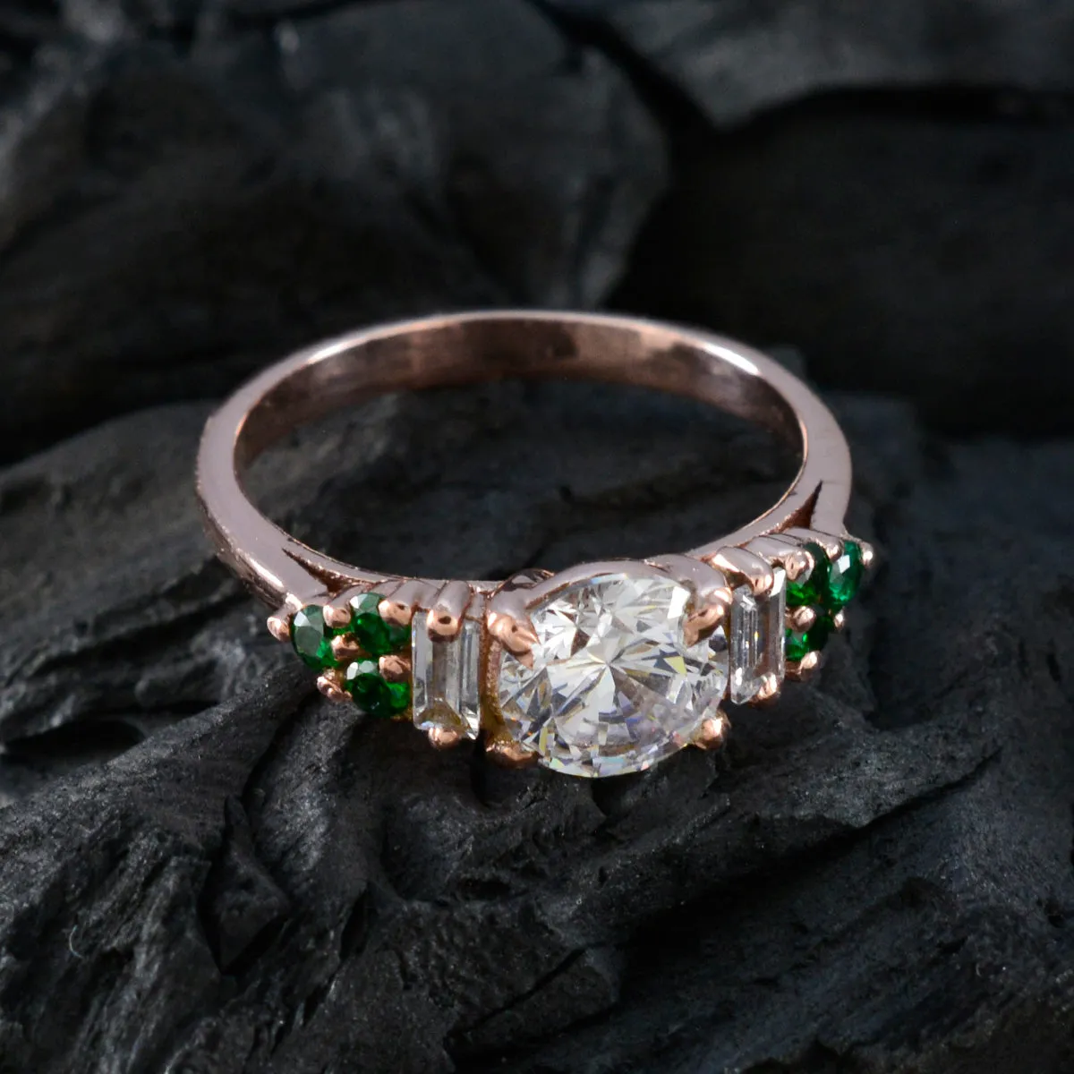 Riyo Dazzling Silver Ring With Rose Gold Plating Emerald CZ Stone Round Shape Prong Setting  Jewelry New Year Ring