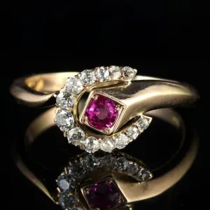 Victorian Ruby Diamond Horseshoe Ring 14Ct Gold