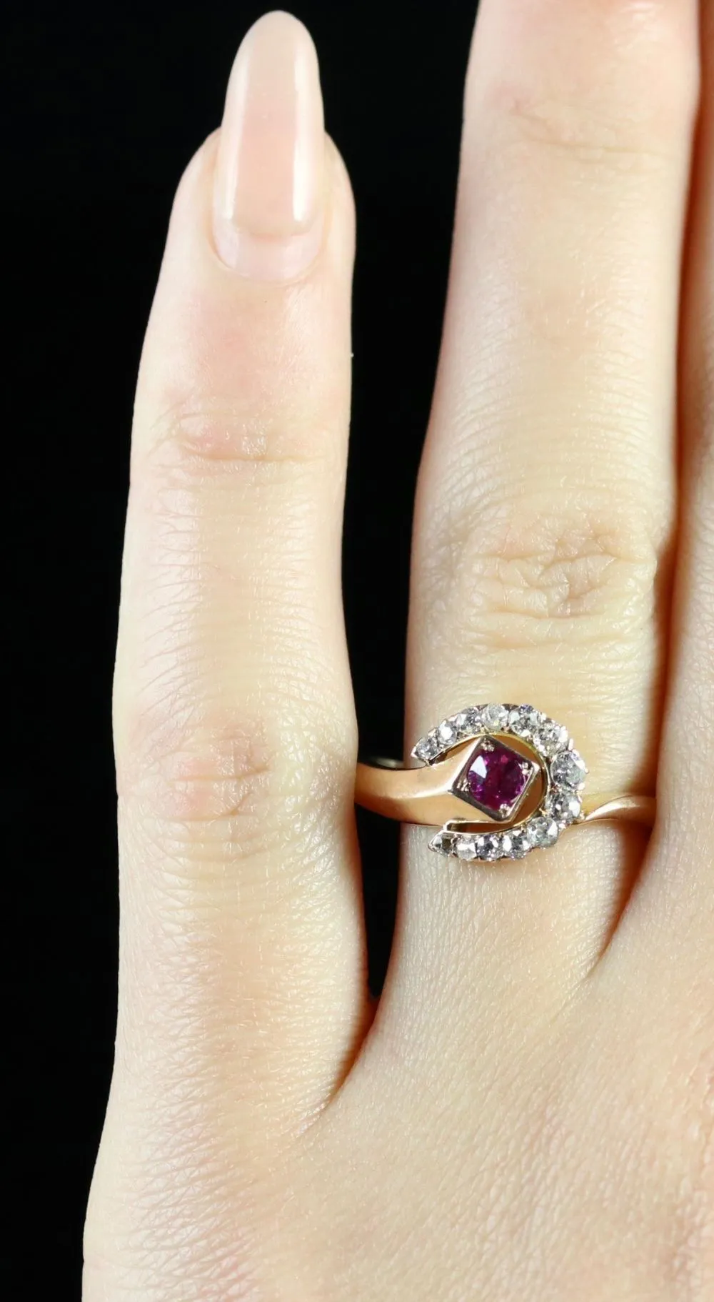 Victorian Ruby Diamond Horseshoe Ring 14Ct Gold