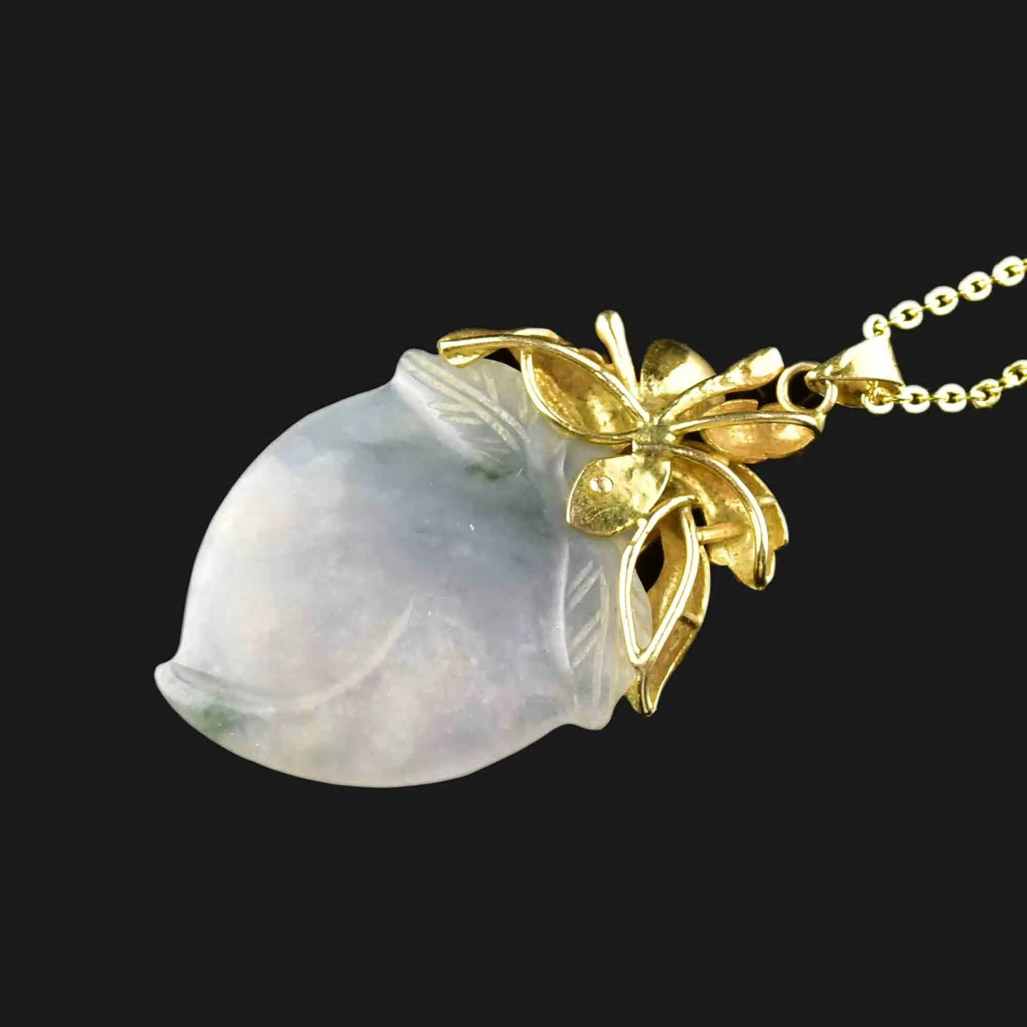 Vintage 14K Gold Carved Jade Acorn Pendant Necklace