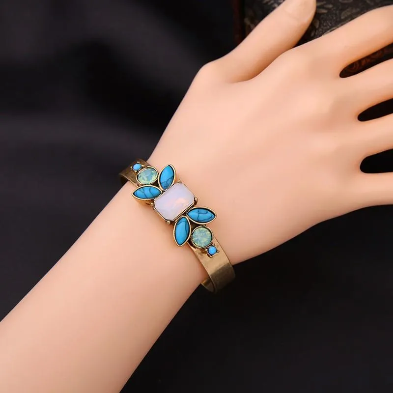Vintage Colorful Stones Cuff Style Bangle Bracelet